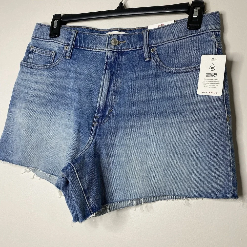 Lucky Brand Women's Sz 12/31 90s‎ Midi Shorts High Rise Raw Hem Medium Wash